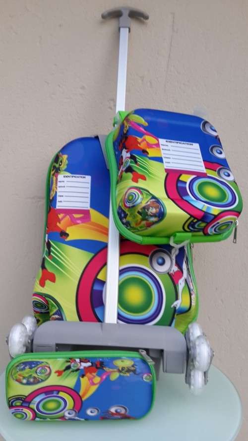 Boys 3Pcs -3D Character On Board School Trolley Bag on Wheels. Includes Lunch Bag & Pencil Case