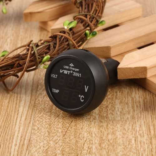 3 in1 Digital LED USB Car Charger, Voltmeter Thermometer ,Car Battery Monitor 12V B