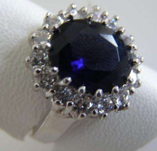 SILVER TONE SIMULATED SAPPHIRE & CZ RING