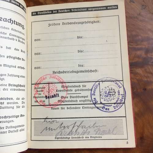 Third Reich DAF membership book RED