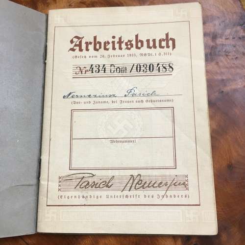 Third Reich Arbeitsbuch employment identification book.