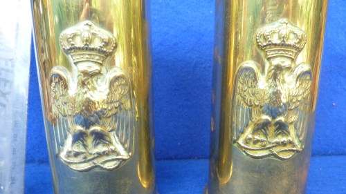 5)A STUNNING  PAIR OF ITALIAN WW1-TRENCH ART-BRASS SHELLS WITH BADGE-LOW START!