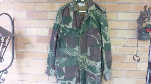 4) RHODESIAN ARMY CAMO (BRUSHSTROKE)-BUSH JACKET-WITH LOWER BACK ZIP & ELBOW PADS-GOOD CONDITION-LOW
