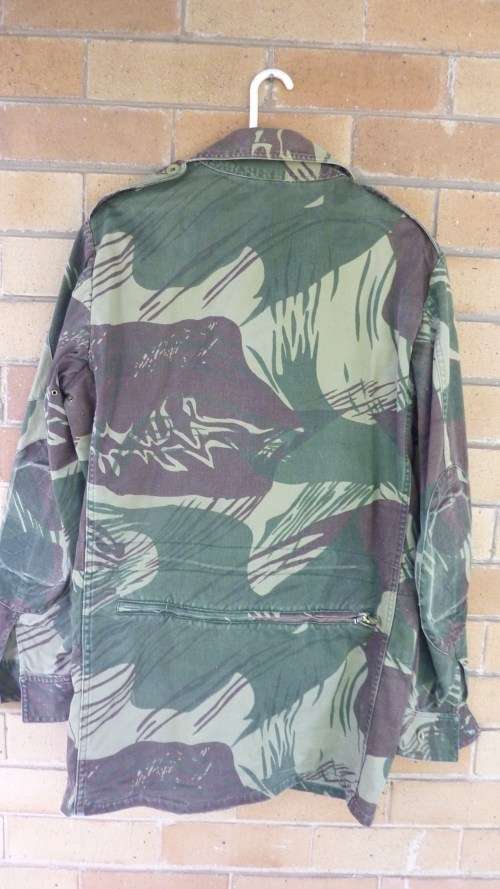 4) RHODESIAN ARMY CAMO (BRUSHSTROKE)-BUSH JACKET-WITH LOWER BACK ZIP & ELBOW PADS-GOOD CONDITION-LOW