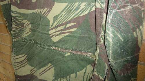 4) RHODESIAN ARMY CAMO (BRUSHSTROKE)-BUSH JACKET-WITH LOWER BACK ZIP & ELBOW PADS-GOOD CONDITION-LOW