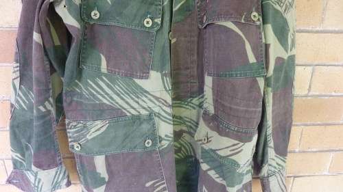 4) RHODESIAN ARMY CAMO (BRUSHSTROKE)-BUSH JACKET-WITH LOWER BACK ZIP & ELBOW PADS-GOOD CONDITION-LOW