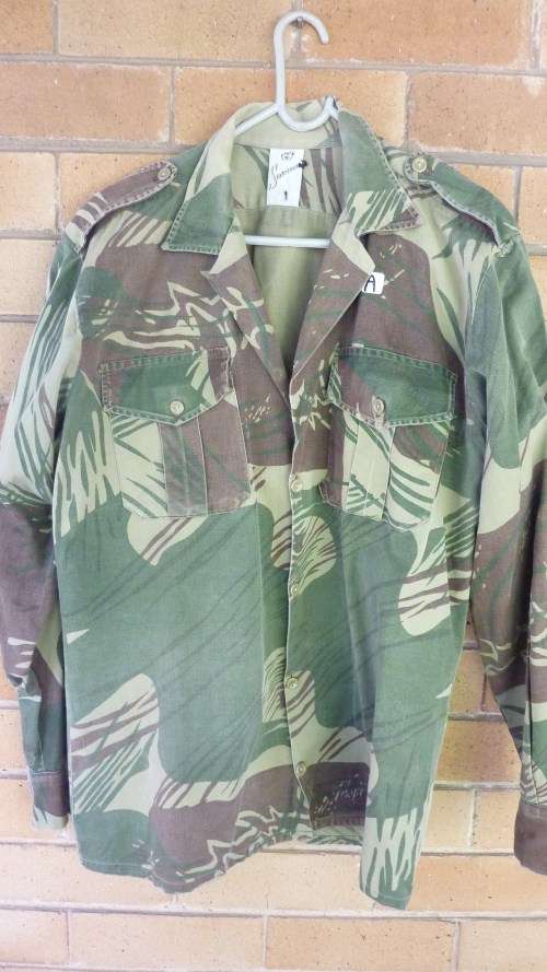7) A RHODESIAN ARMY-LONG SLEEVE-CAMO (BRUSHSTROKE)-SHIRT-MEDIUM-GOOD USED CONDITION-LOW START