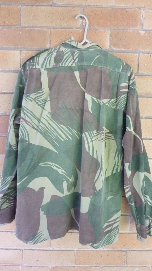 7) A RHODESIAN ARMY-LONG SLEEVE-CAMO (BRUSHSTROKE)-SHIRT-MEDIUM-GOOD USED CONDITION-LOW START