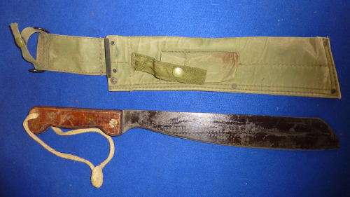 2) A RHODESIAN ISSUE-RLI- VIETNAM-MA 72 MACHETTE WITH OLIVE DRAP SHEATH WITH WOODEN HANDLE-4 RIVETS-