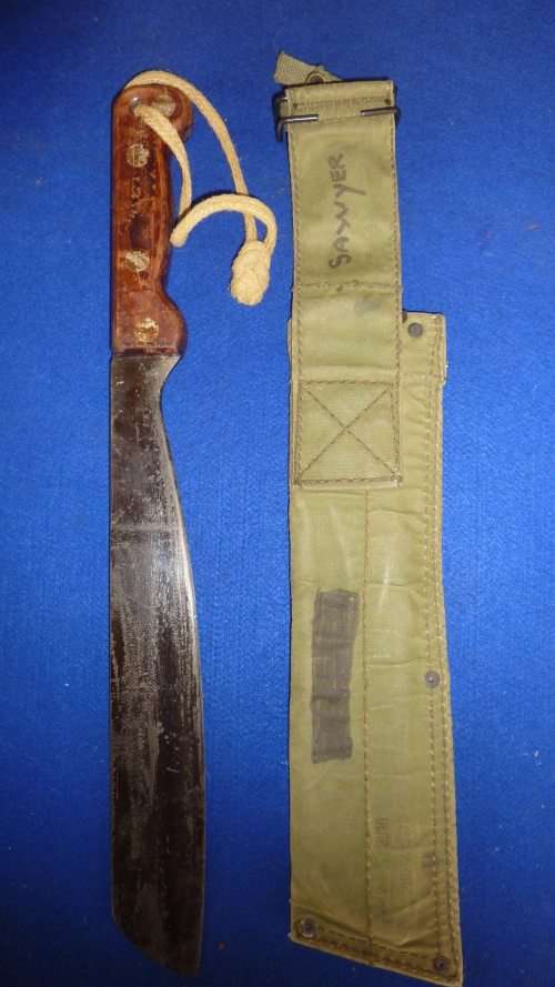 2) A RHODESIAN ISSUE-RLI- VIETNAM-MA 72 MACHETTE WITH OLIVE DRAP SHEATH WITH WOODEN HANDLE-4 RIVETS-