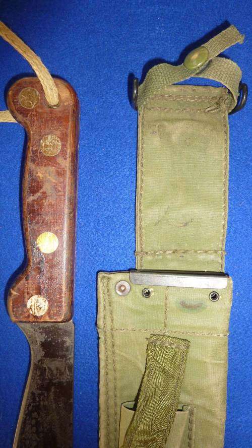 2) A RHODESIAN ISSUE-RLI- VIETNAM-MA 72 MACHETTE WITH OLIVE DRAP SHEATH WITH WOODEN HANDLE-4 RIVETS-