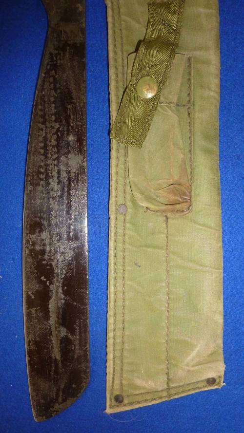 2) A RHODESIAN ISSUE-RLI- VIETNAM-MA 72 MACHETTE WITH OLIVE DRAP SHEATH WITH WOODEN HANDLE-4 RIVETS-