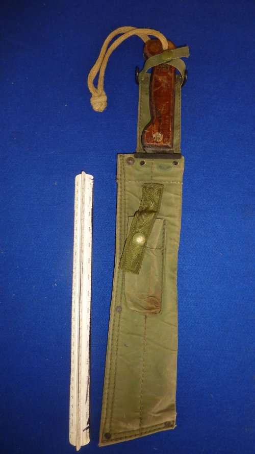 2) A RHODESIAN ISSUE-RLI- VIETNAM-MA 72 MACHETTE WITH OLIVE DRAP SHEATH WITH WOODEN HANDLE-4 RIVETS-