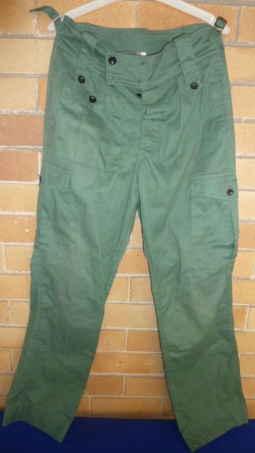 5) 1970'S RHODESIAN ARMY- TROUSER-OLIVE DRAPE-DUX MANUFACTURER-GOOD CONDITION.