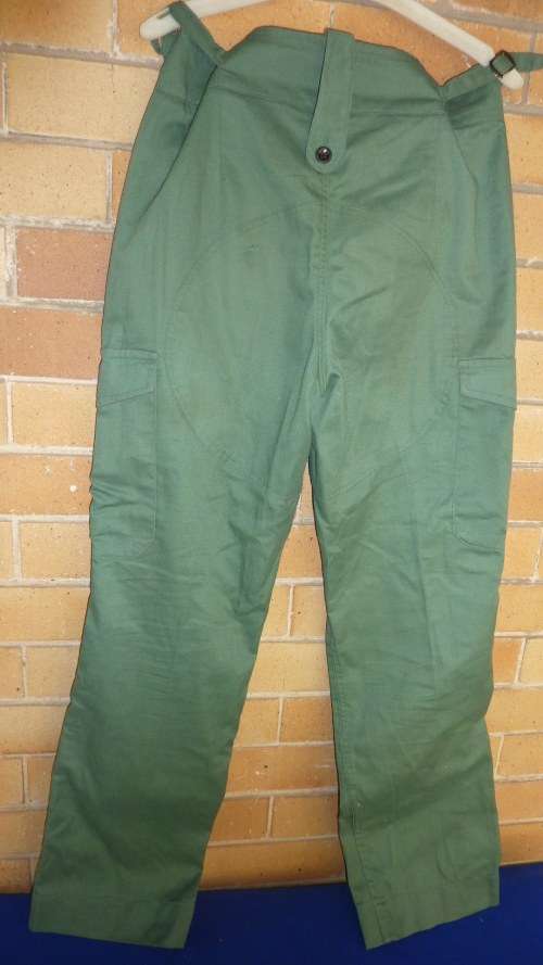 5) 1970'S RHODESIAN ARMY- TROUSER-OLIVE DRAPE-DUX MANUFACTURER-GOOD CONDITION.
