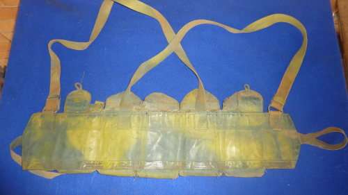 4) A RHODESIAN HAND PAINTED CAMO 7.62 AMMO CHEST RIG-MODIFIED FROM A CHINESE PATT63-USED SOLDIER RLI