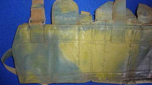 4) A RHODESIAN HAND PAINTED CAMO 7.62 AMMO CHEST RIG-MODIFIED FROM A CHINESE PATT63-USED SOLDIER RLI