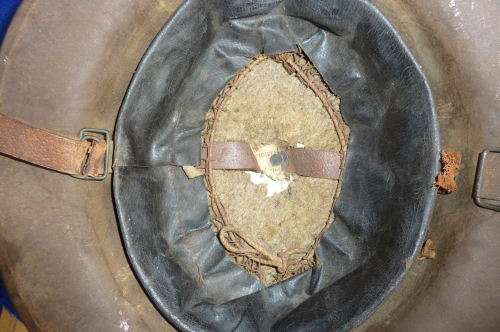 WW1-BRITISH BRODIE HELMET WITH LIP-LEATHER CHIN STRAP DAMAGE-BUT OTHERWISE GOOD CONDITION-LOW START!