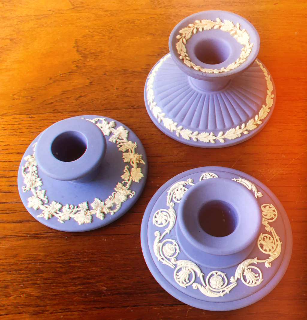WEDGWOOD JASPERWARE BLUE SET OF THREE CANDLE HOLDERS