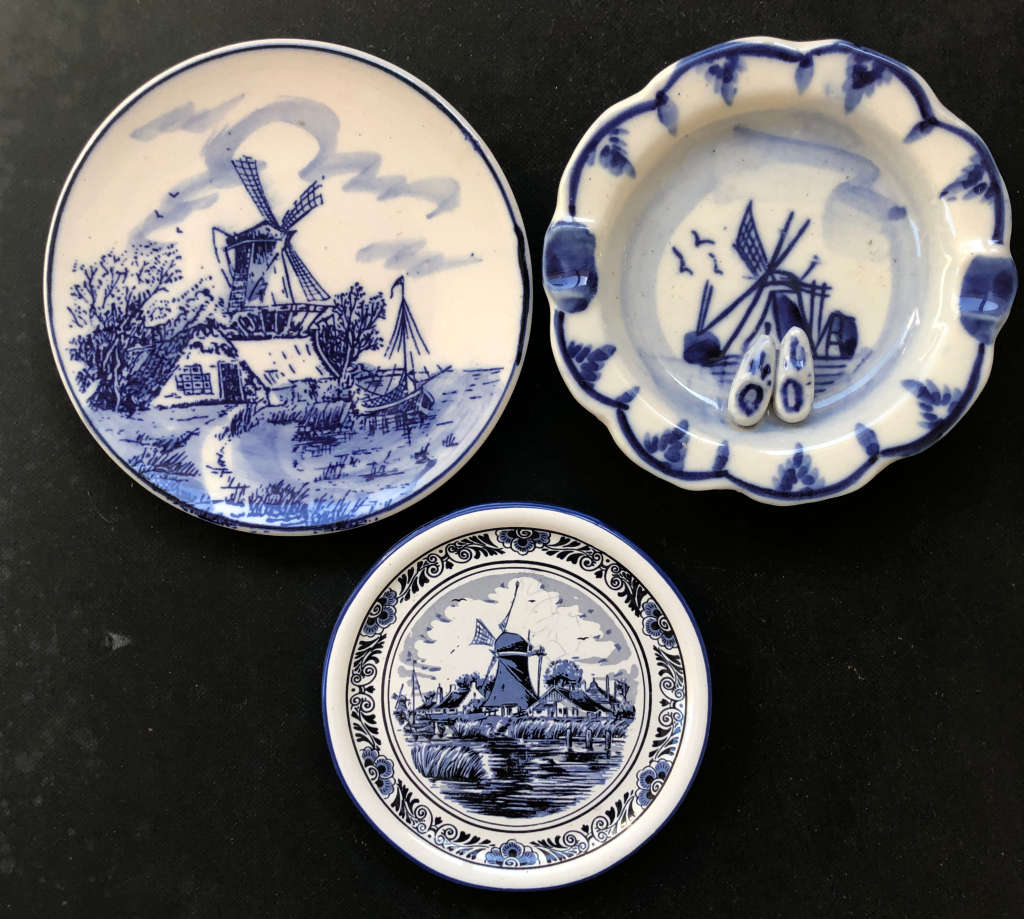 DELFT ELWECO AND OUDE MOLEN FABRIEK BUTTER PAT PLATES AND DUTCH ASHTRAY