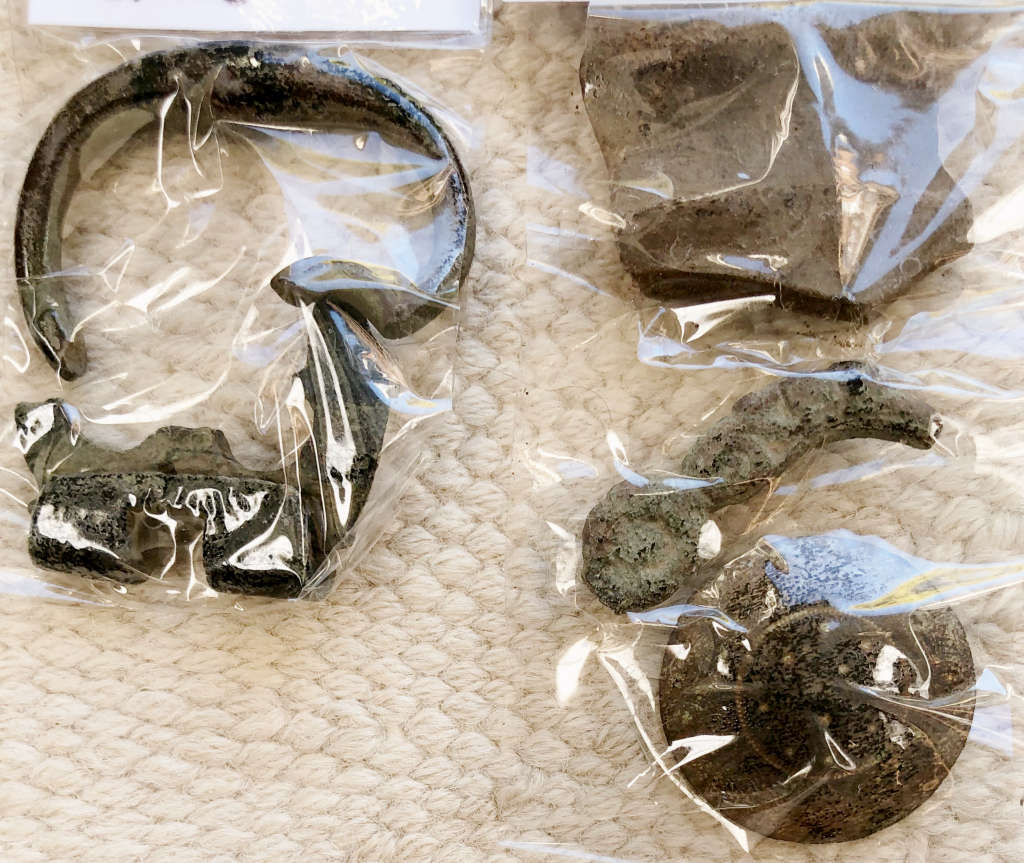 ROMAN ARTEFACTS LADY`S CAPE FITTING PART, SHARD OF SAMIAN WARE, BROOCH PART, BOOK HINGE & HANDLE