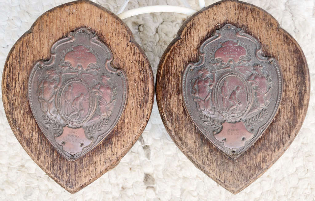 BOWLING PLAQUES PAIR BOB MITCHELL MEMORIAL 1940 & 1941 IN OAK AND COPPER