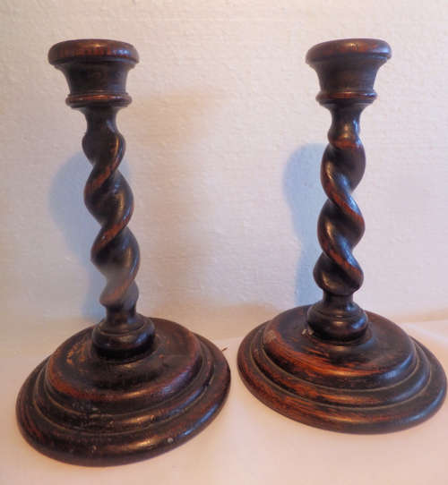 Pair of Oak Barley Twist Candlesticks