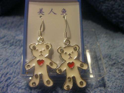 White Teddy Bear Earrings - 925 Sterling Silver