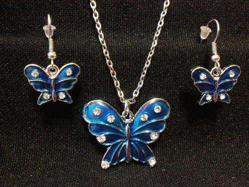 Butterfly Rhinestone Necklace & Earrings - Blue