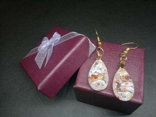 Millefiori glass drop earrings  - White & Orange