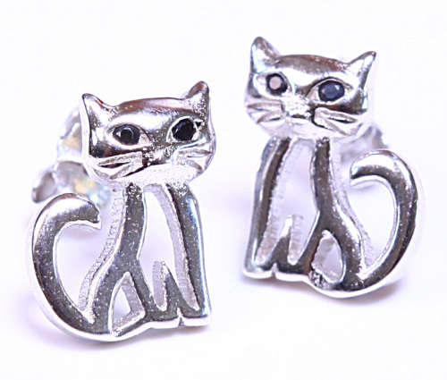 Sterling Silver Cat Earings with Black Cubic Zirconia Stones