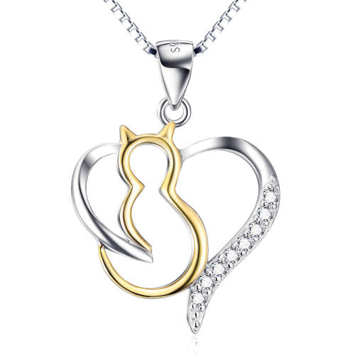 Sterling Silver Heart and Gold Plated Cat Pendant with chain, set with triple A cubic Zirconia stone