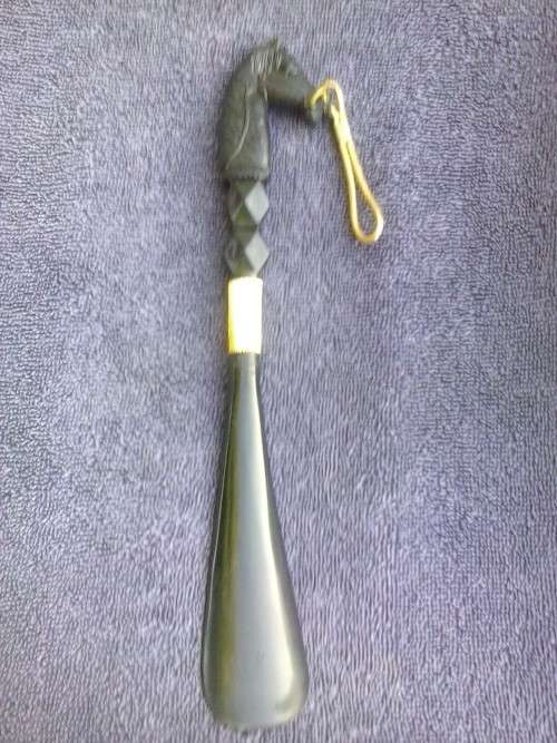 Vintage shoe horn with handle shaped like a horse's head, original box