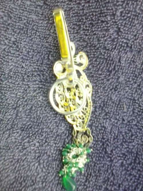 Silver coloured metal keyring with green beads, new in box - never used, 13.5cm long