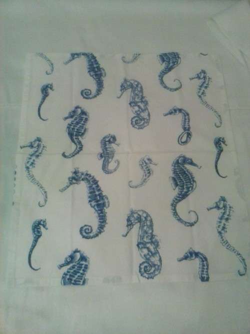 Small tablecloth with four napkins/ place mats. Printed blue on white cotton material.