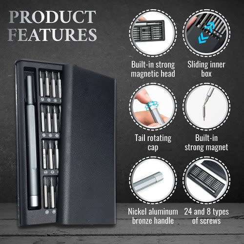 24 in 1 Magnetic Precision Screwdriver Set Electronics Eyeglass & Watch Repair Tool Kit