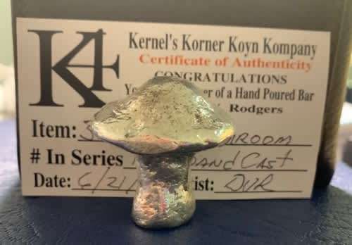 3.84 oz hand poured .999 pure silver MAGIC MUSHROOM custom made in the USA with COA. Unique piece.