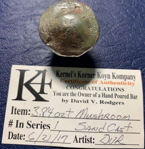 3.84 oz hand poured .999 pure silver MAGIC MUSHROOM custom made in the USA with COA. Unique piece.