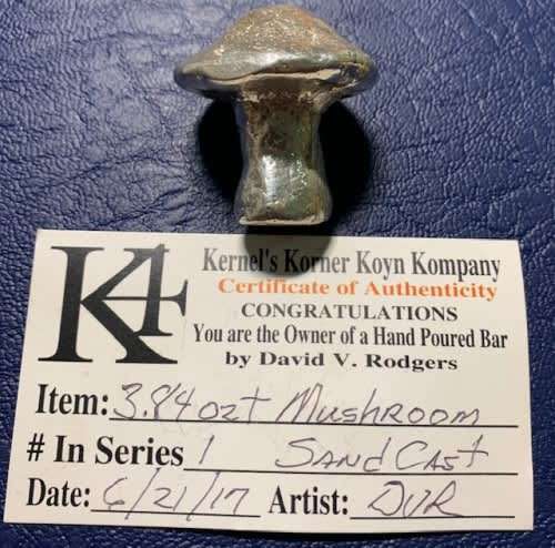 3.84 oz hand poured .999 pure silver MAGIC MUSHROOM custom made in the USA with COA. Unique piece.