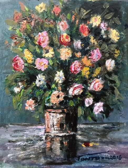 "Tin Pot of Flowersr" - Original Oil Painting by Tonto