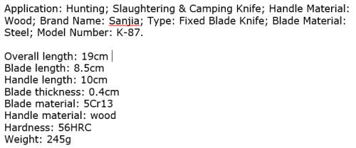 SANJIA K-87 TACTICAL KNIFE STRAIGHT BLADE TOOL - 5Cr13Mov SURVIVAL TOOL!!!