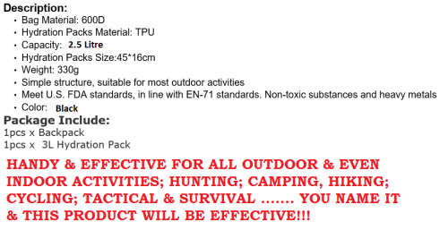 KMS BLACK 2.5 LITER HYDRATION PACK!!!