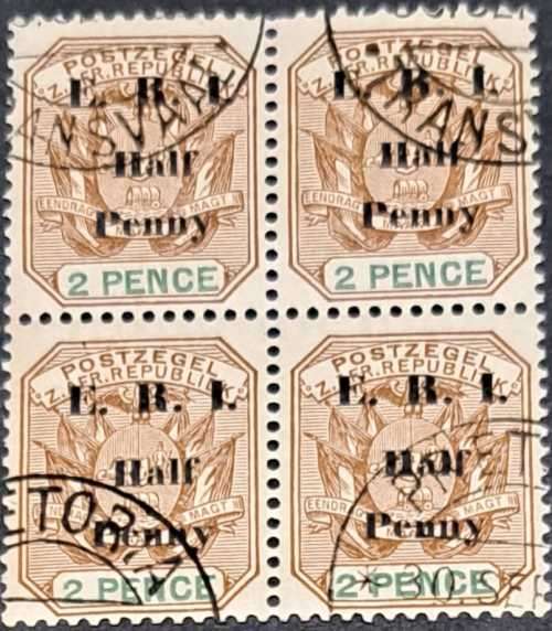 ZUID-AFRICA  BLOCK OF 4 HALF PENNY  STAMPS. ZAR/TRANSVAAL/ 1882  2ND  REPUBLIC   TO  1910.