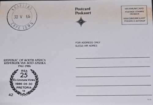 POSTCARD.   1961 TO 1986 EENDRAG MAAK MAG STAMPS  REPUBLIC OF SOUTH AFRICA