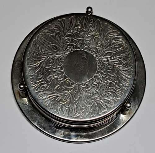 SILVER PLATED COASTERS SET AND HOLDER.   6+ 1 HOLDER. ONLY 1 LEFT