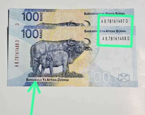 THE NEW R100 BANKNOTES SA RESERVE BANK  (SARB) *SPELLING ERROR * W/M BUFFALO HEAD.2NOTES.