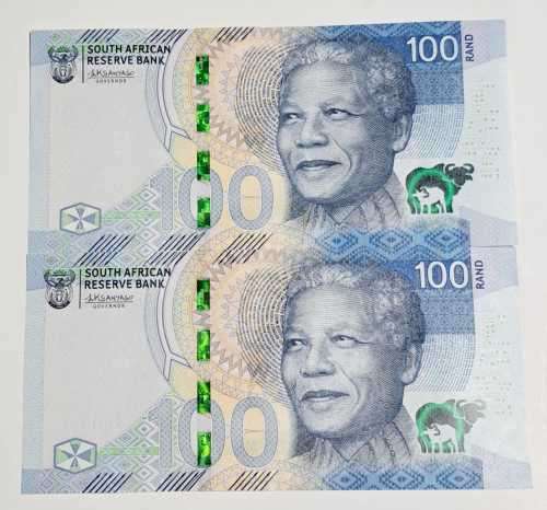 THE NEW R100 BANKNOTES SA RESERVE BANK  (SARB) *SPELLING ERROR * W/M BUFFALO HEAD.2NOTES.