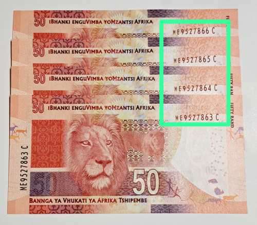 L  KGANYAGO  R50 NOTES IN SEQUENCE  ME 9527863C --866C 4×UNC  NOTES. NEW NUMBERS