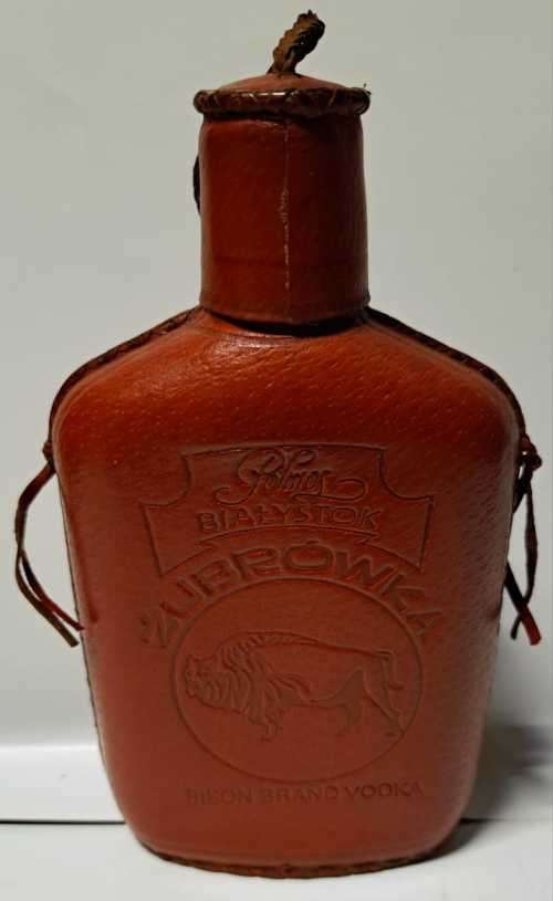 ZUBROWKA BISON BRAND LEATHER BOUND FLASK/EMPTY PRODUCED BY POLAND **STUNNING **