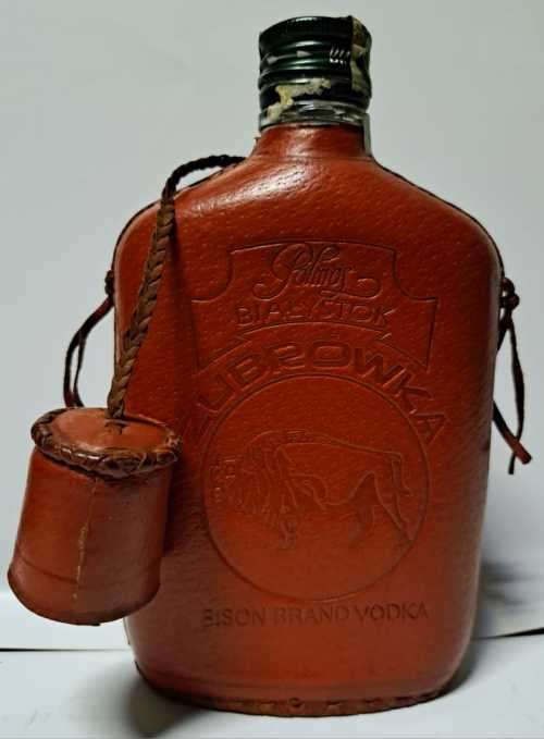 ZUBROWKA BISON BRAND LEATHER BOUND FLASK/EMPTY PRODUCED BY POLAND **STUNNING **